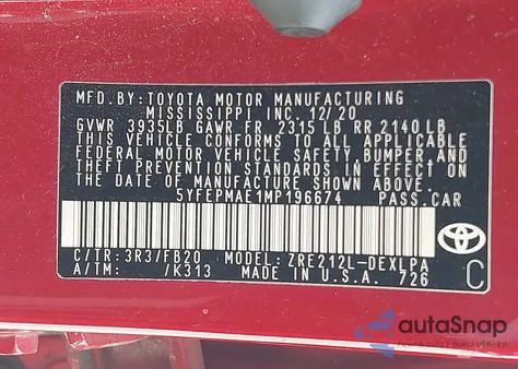 2021 Toyota Corolla Le из США, поврежденный, VIN 5YFEPMAE1MP196674